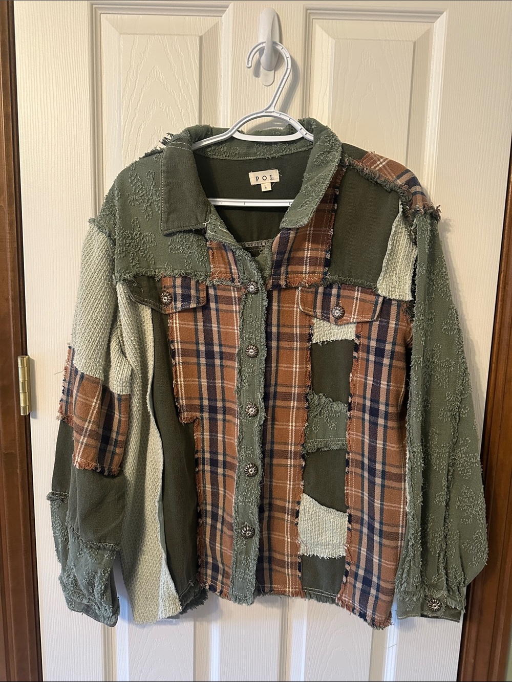 POL Olive Green and Brown Patchwork Jean Jacket